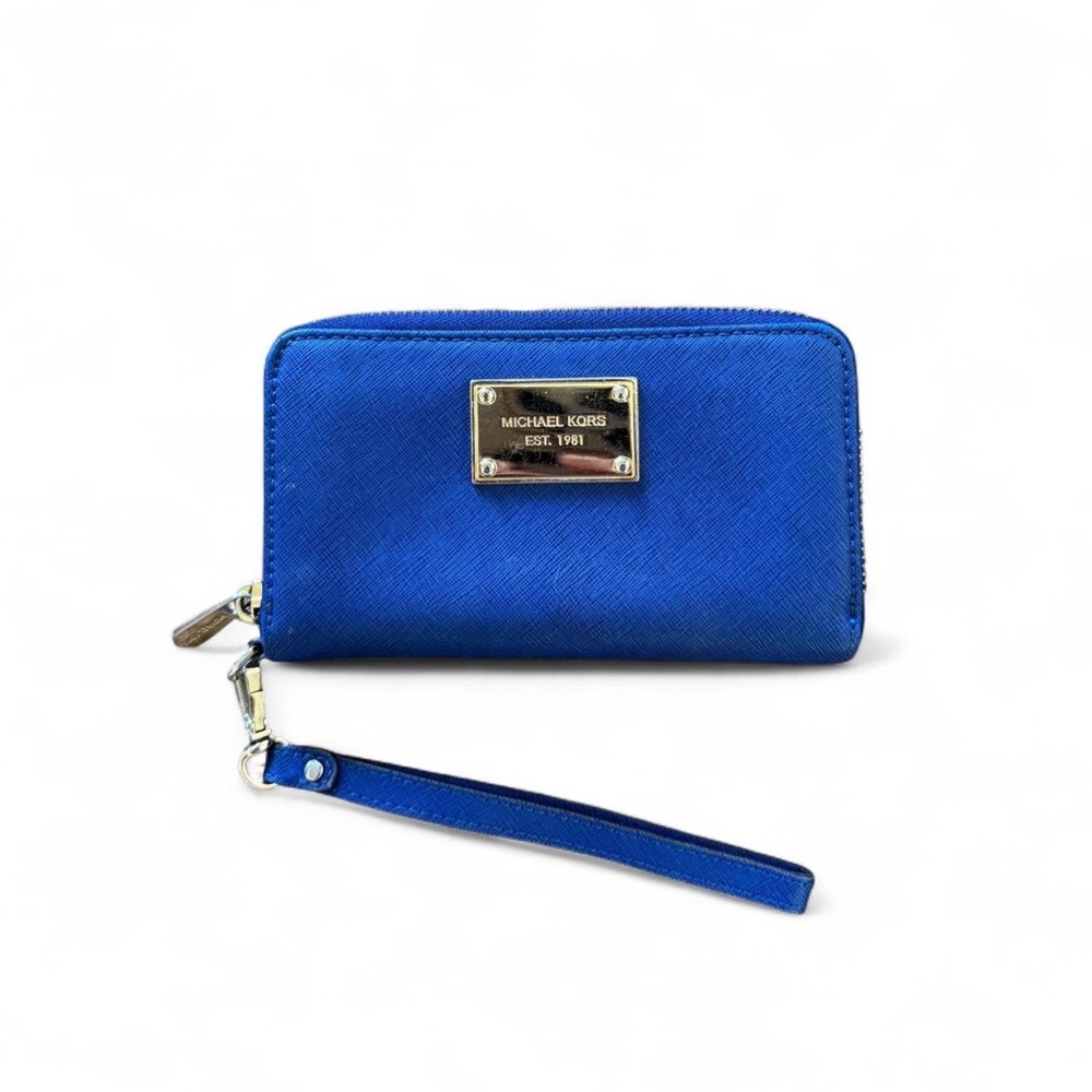 Michael Kors Royal Blue Saffiano Zip Wristlet Wallet Textured Leather Old Money